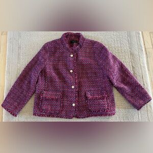 Talbots Petite 16P Tweed Jacket Red Purple Fringe Gold Button Boucle Blazer 16